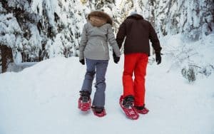 Rear view of skier couple walking on snow covered mountain
